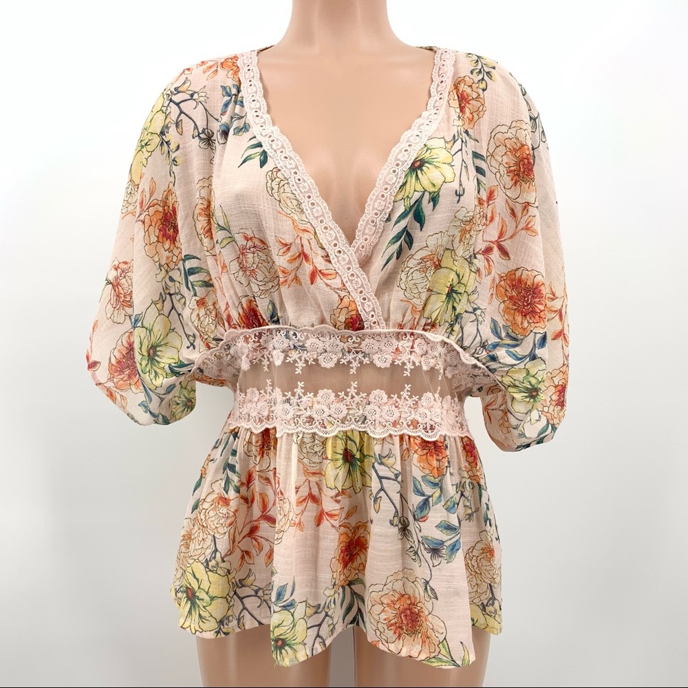 Rose and Grey Sheer Floral Lace Boho Blouse Top
